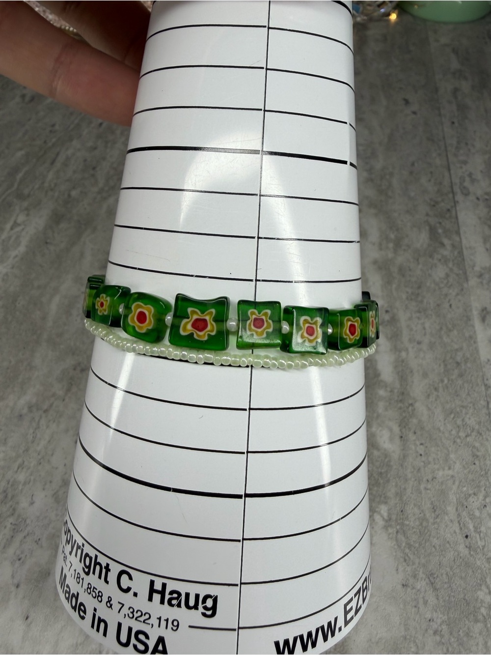 Millefiori Glass Bracelet Green Flowers Floral Silver Tone Jewelry